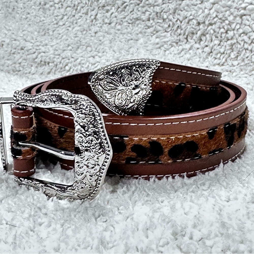 Cheetah /Leopard Western Style Cowgirl Boho Brown Belt, Silver Buckle & Tip, L
